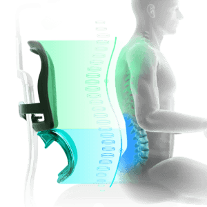 Person checking the gap between an office chair seat and the back of the knee to set the correct seat depth