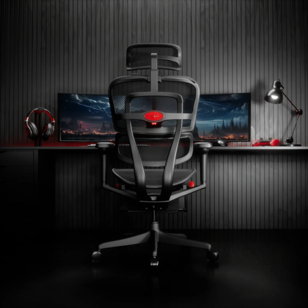 Employee adjusting the height of an ergonomic office chair at a shared hot desking workstation